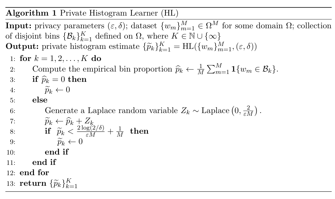 Algorithm 1: Private histogram learner